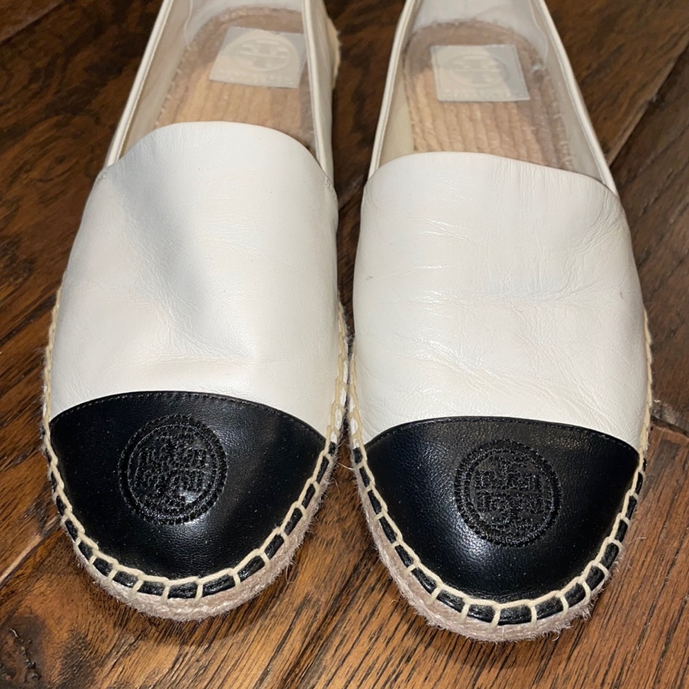 TORY BURCH Authentic Leather Black and White Espadrille - Size 8.5 Women